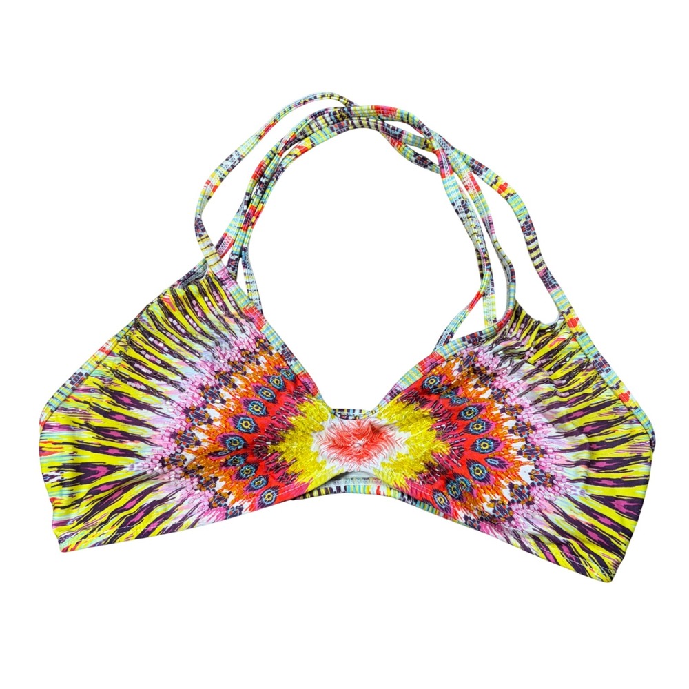 Barcelona Beaded Ikat Tribal Bikini Top Yellow Pink Multi Strappy Back M
